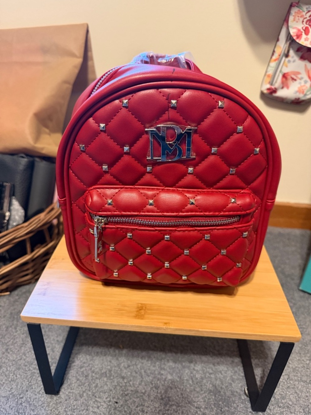 Quilted Red Mini Backpack with Silver Studs Badgley Mischka Collection